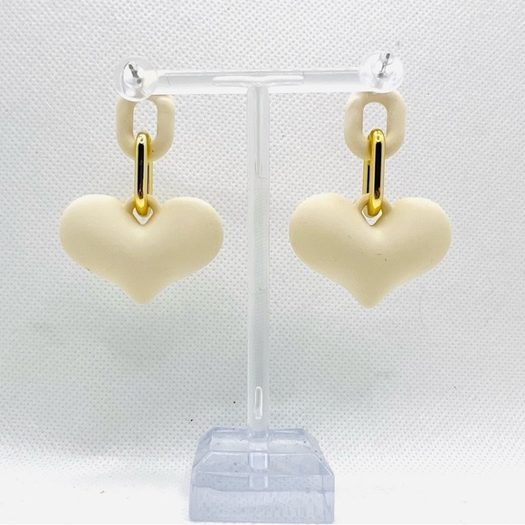 Ivory White Heart and Chain Detail Drop Statement Earrings Feminine Chunky - Picture 6 of 11